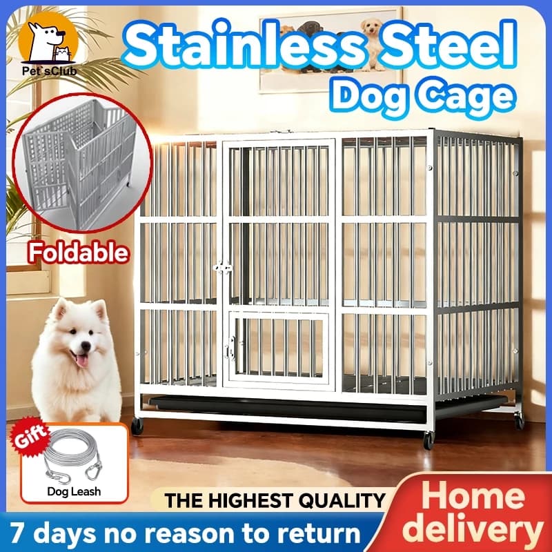 Stainless steel foldable dog crate, double doors with wheels & tray (sizes M–3XL)